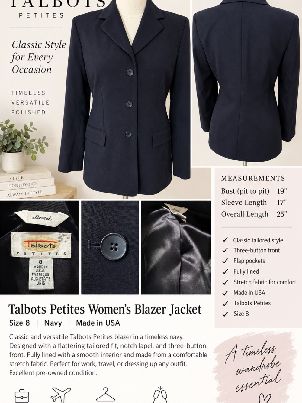Talbots Petites Women's Blazer Jacket
Size 8P| Navy | Made in USA